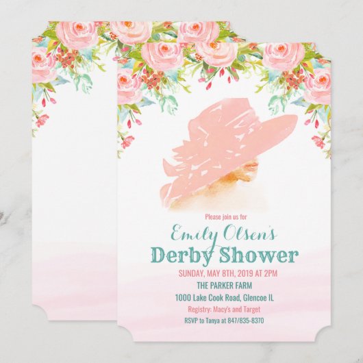Watercolor Hoed Bloem Derby Shower Uitnodiging (Voorkant / Achterkant)