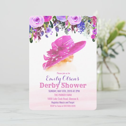 Watercolor Hoed Bloem Derby Shower Uitnodiging (Staand voorkant)