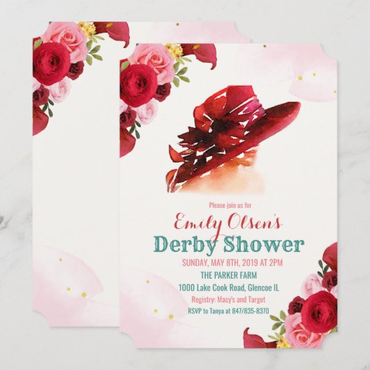 Watercolor Hoed Bloem Derby Shower Uitnodiging (Voorkant / Achterkant)