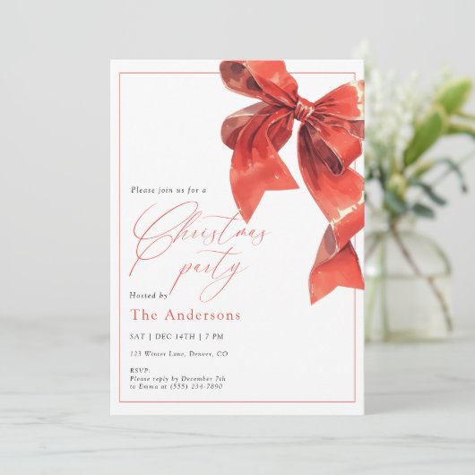 Watercolor Holiday Red Bow Christmas Party Kaart (Staand voorkant)