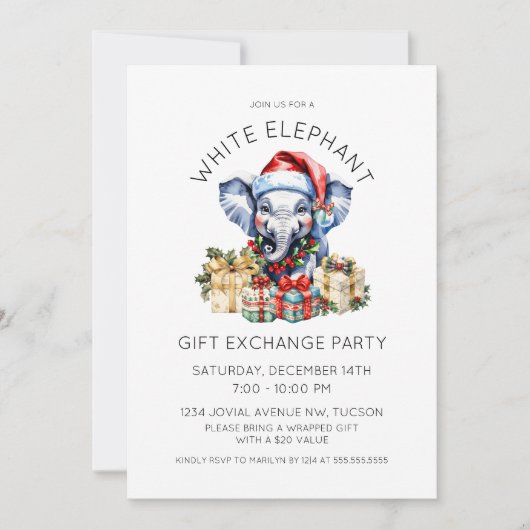 Watercolor Holiday White Elephant Gift Exchange Kaart (Voorkant)