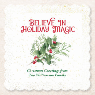 Watercolor Holly Believe Holiday Magic Christmas Kartonnen Onderzetters