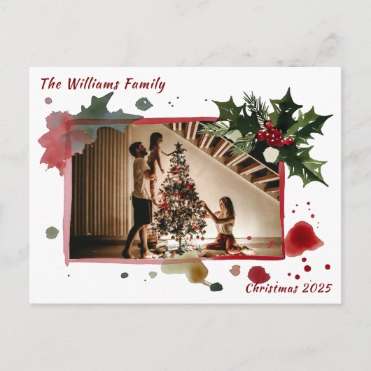 Watercolor Holly Berries Christmas Tree Holiday Briefkaart (Voorkant)