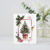 Watercolor Holly Berries Christmas Tree Holiday Feestdagenkaart (Staand voorkant)
