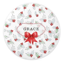 Watercolor Holly Berries  Red Ribbon Custom Name Keramische Knop