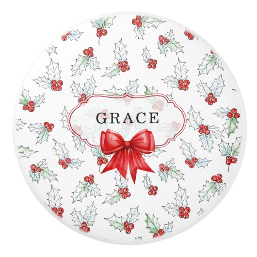 Watercolor Holly Berries Red Ribbon Custom Name Keramische Knop (Voorkant)