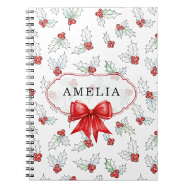 Watercolor Holly Berries  Red Ribbon Custom Name Notitieboek