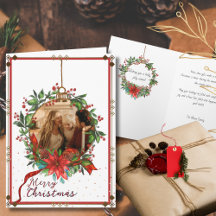 Watercolor Holly Berry Christmas Wreath Photo Card