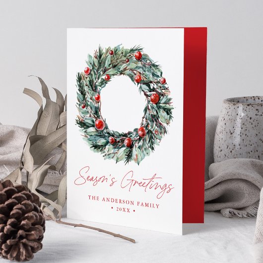 Watercolor Holly Berry & Greenery Wreath Non-Photo Feestdagen Kaart
