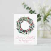 Watercolor Holly Berry & Greenery Wreath Non-Photo Feestdagenkaart (Staand voorkant)