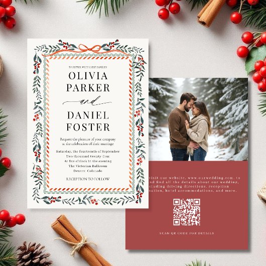 Watercolor Holly Bow QR Code Photo Winter Wedding Kaart
