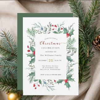 Watercolor Holly Christmas Celebration Invitation Kaart
