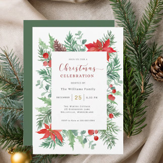 Watercolor Holly Christmas Celebration Invitation Kaart