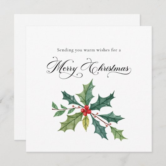Watercolor Holly Elegant Script Calligraphy Feestdagenkaart (Voorkant / Achterkant)