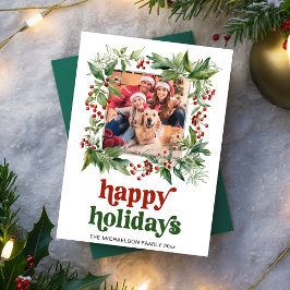 Watercolor Holly Frame Photo Christmas Happy Feestdagenkaart