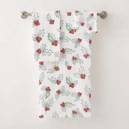 Watercolor Holly Leaves and Red Berries Bad Handdoek