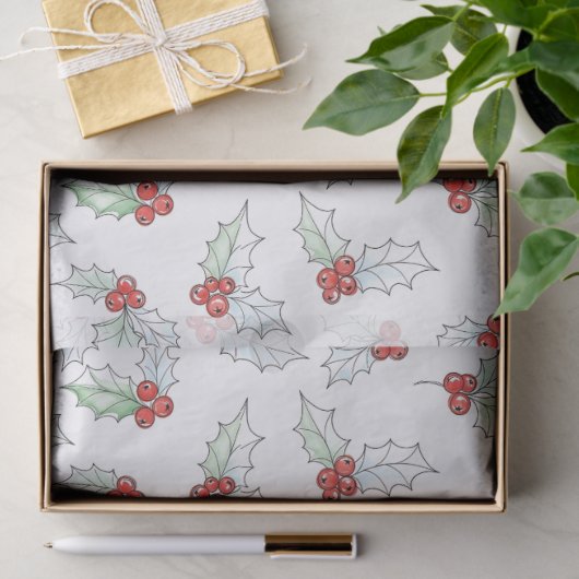 Watercolor Holly Leaves and Red Berries Christmas Tissuepapier (Geschenk)