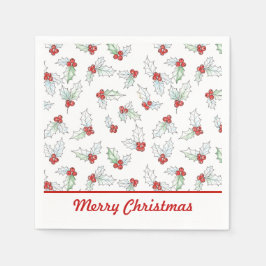 Watercolor Holly Leaves and Red Berries Paper  Servet