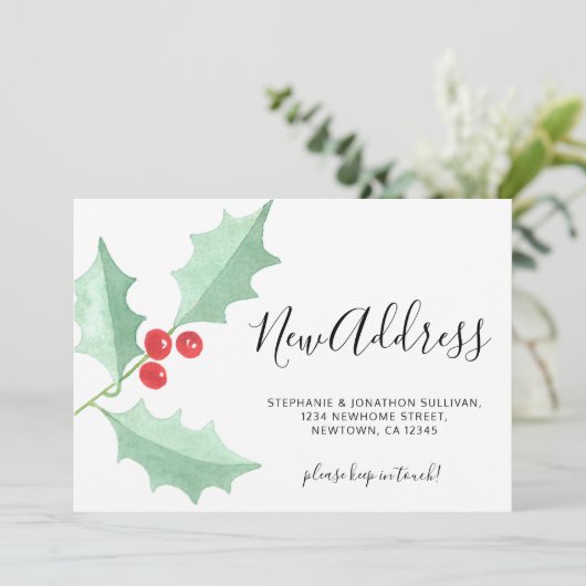 Watercolor Holly New Address Christmas Moving Aankondiging (Staand voorkant)