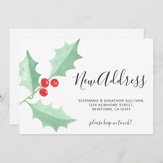 Watercolor Holly New Address Christmas Moving Aankondiging (Voorkant / Achterkant)