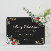 Watercolor Holly Red Berries White Poinsettia Feestdagenkaart (Staand voorkant)