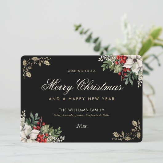 Watercolor Holly Red Berries White Poinsettia Feestdagenkaart (Staand voorkant)