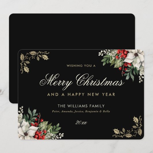 Watercolor Holly Red Berries White Poinsettia Feestdagenkaart (Voorkant / Achterkant)