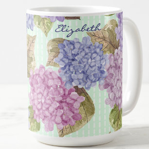 Watercolor Hortensia Bloemen Aangepaste Naam Groen Koffiemok