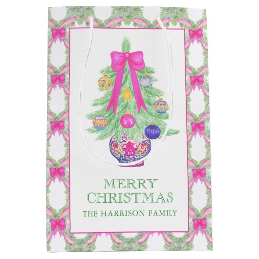 Watercolor Hot Pink Bow Ginger Jar Christmas Medium Cadeauzakje (Voorkant)