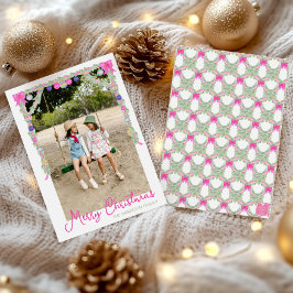 Watercolor Hot Pink Bows Garland Christmas Photo Feestdagenkaart