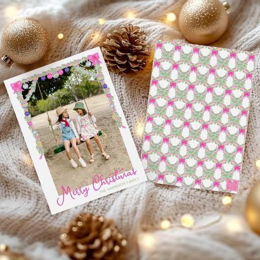 Watercolor Hot Pink Bows Garland Christmas Photo Feestdagenkaart
