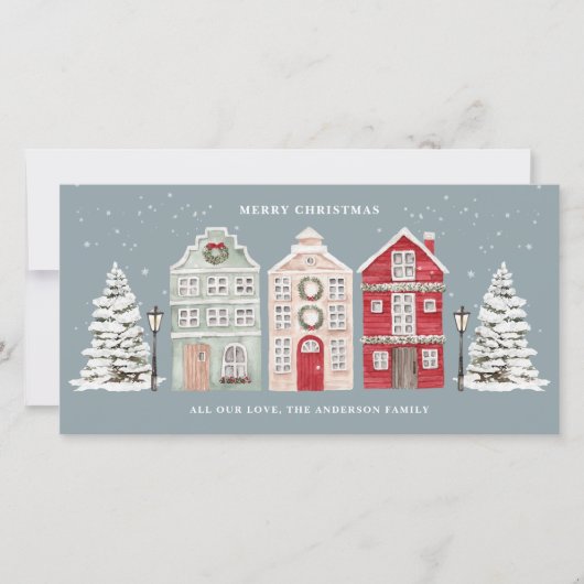 Watercolor Houses Slate Blue Feestdagenkaart (Voorkant)