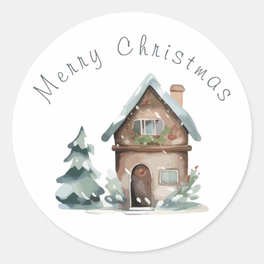 Watercolor Huis Kerst Ronde Sticker (Voorkant)