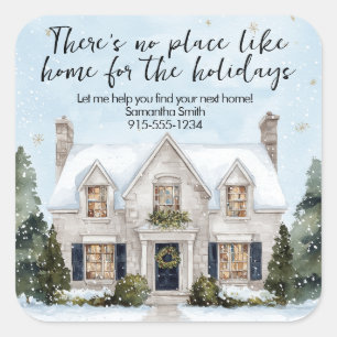 Watercolor Huis Vastgoed Pop-By Kerstmis Vierkante Sticker