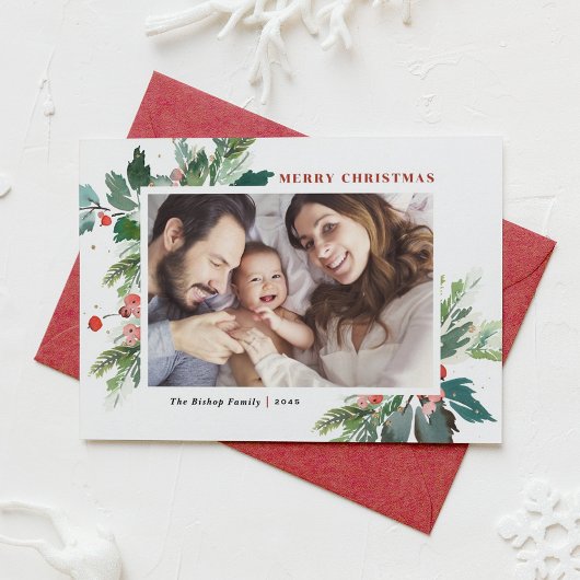 Watercolor Hulst Botanische Prettig Kerstmis Foto Feestdagenkaart