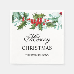 Watercolor Hulst en Bessen Prettig Kerstfeest Servet