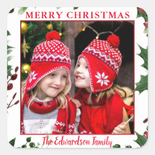 Watercolor hulst Prettig kerstfeest gezinsfoto Vierkante Sticker