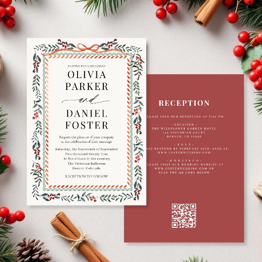 Watercolor Hulst Rode Boog QR Code Kerst Huwelijk Kaart