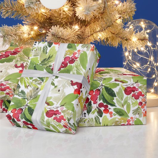 Watercolor Hulstbes Kerst Inpakpapier (Feestdagen)