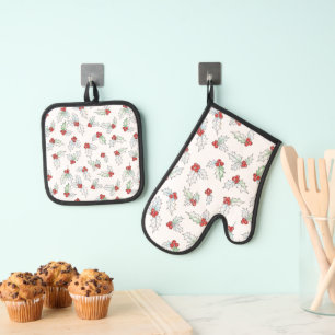 Watercolor Hulstblaadjes en Rode Bessen Ovenwant & Pannenlap Set