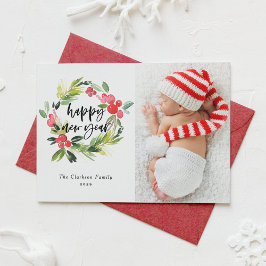 Watercolor hulstkrans Gelukkig Nieuwjaar Foto Feestdagenkaart