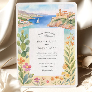 Watercolor Ibiza Kustkasteel Bruiloft Kaart