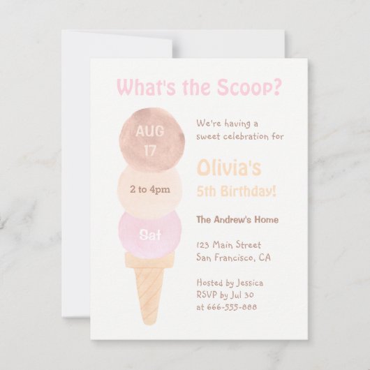 Watercolor Ice Cream Verjaardagsfeestje Uitnodigin Kaart (Voorkant)