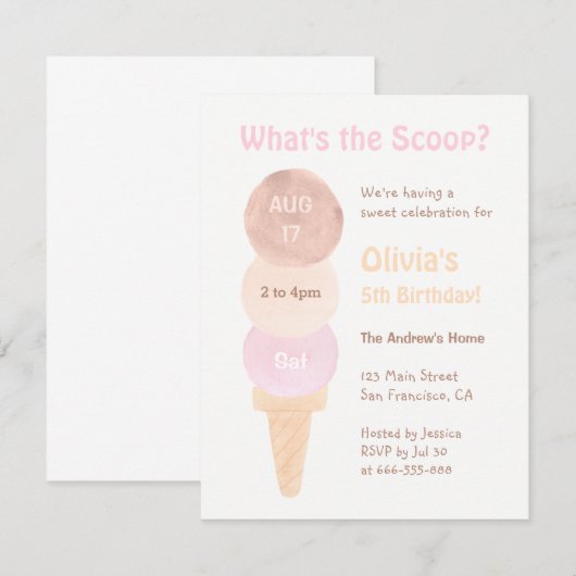 Watercolor Ice Cream Verjaardagsfeestje Uitnodigin Kaart (Voorkant / Achterkant)