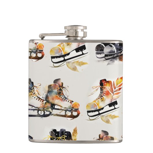 Watercolor Ice Skates with Autumn Leaves Pattern   Heupfles (Voorkant)