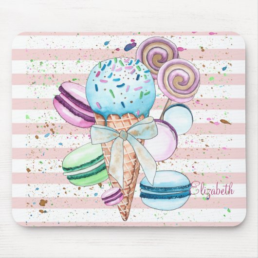 Watercolor ijs,Macarons,Roze Strepen Muismat (Voorkant)