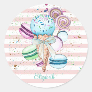 Watercolor ijs,Macarons,Roze strepen Ronde Sticker