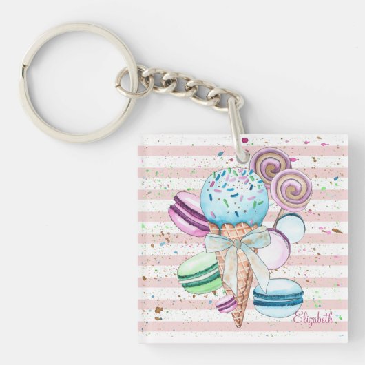 Watercolor ijs,Macarons,Roze Strepen Sleutelhanger (voorkant)