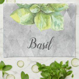 Watercolor illustratie van basilicumkruid theedoek