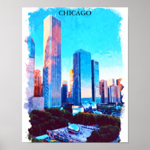 Watercolor illustratie van Chicago Illinois Poster